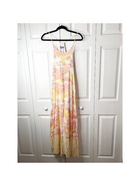 Paradised Aida White Pink Tropical Eyelet Hem Maxi Dress Women's Size X-Small XS